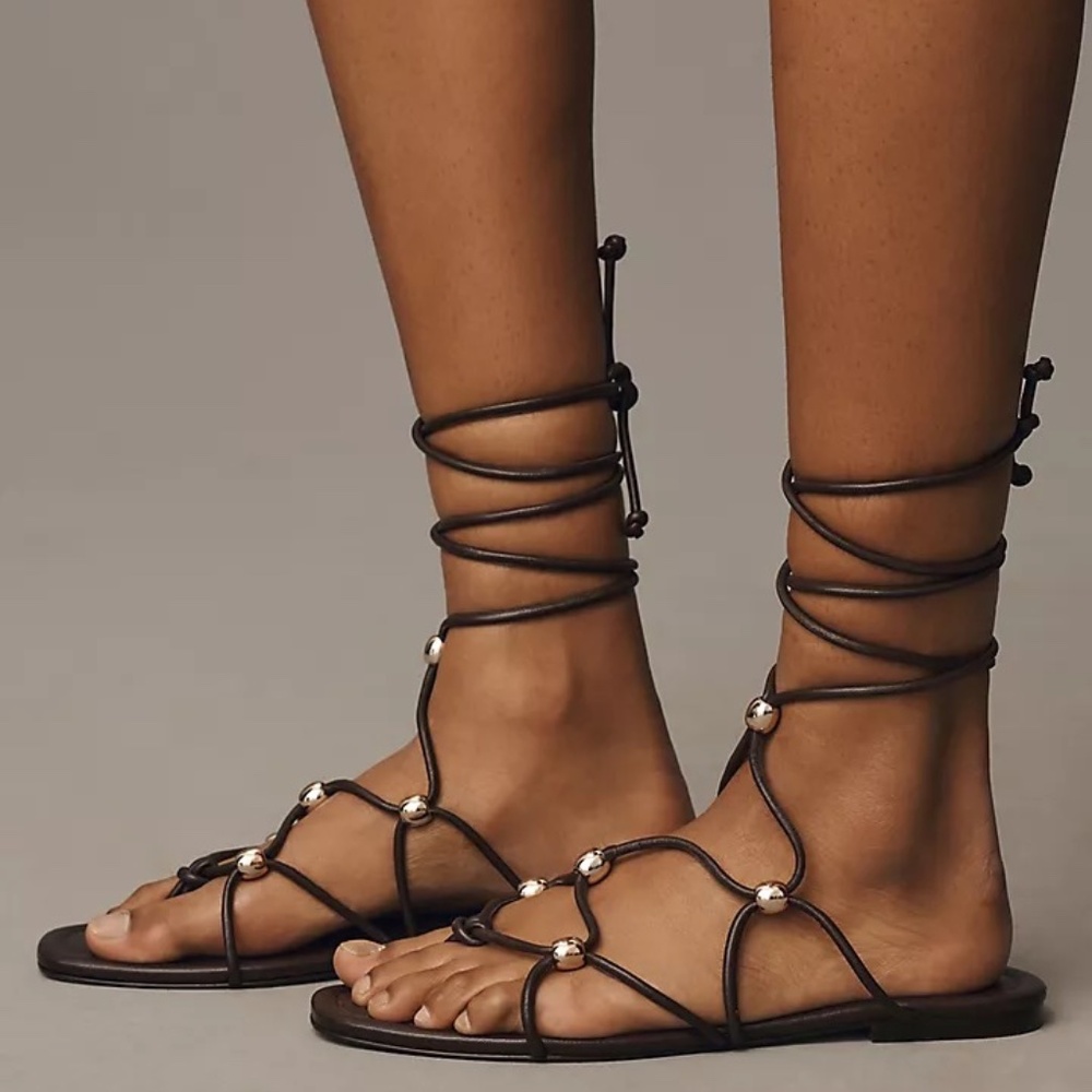 NWT ANTHROPOLOGIE Embellished Tie-up Sandals Brown Leather Gold Bead Size 6